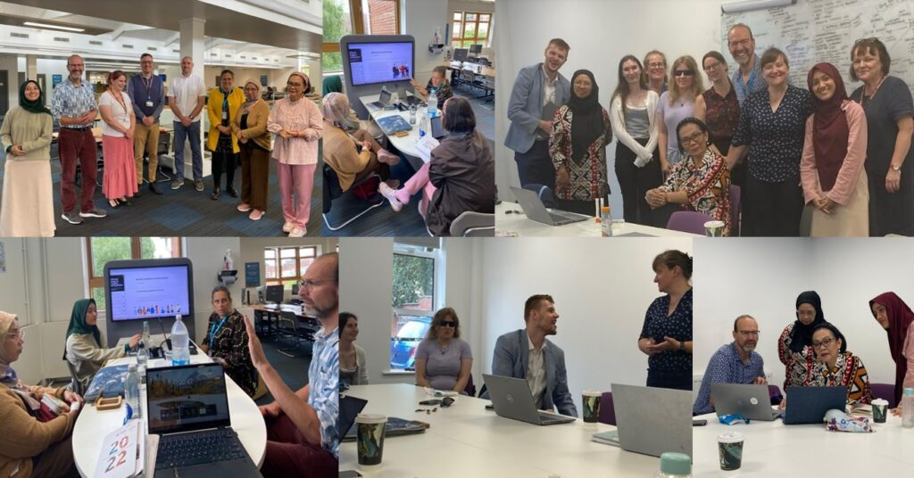 Six images of people engaging in conversation or smiling at the camera